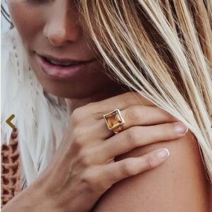 Gold Ring with Square Citrine Gemstone - Women's Fashion Ring